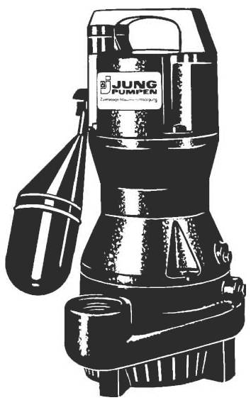 Zwart-wit productafbeelding van een Jung Pumpen-pomp met een cilindrische drijver-achtige component aan de linkerkant bevestigd.