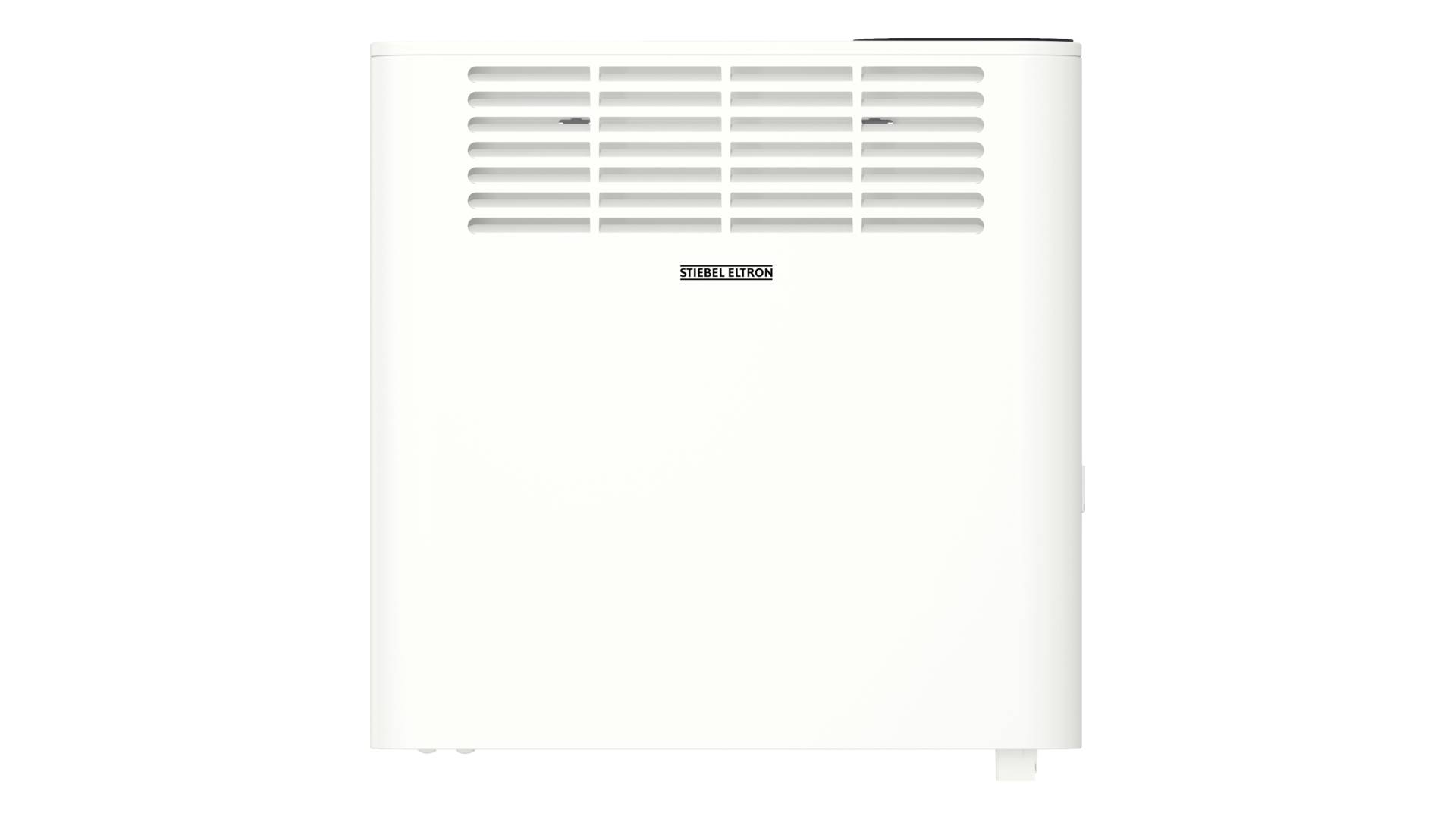 Witte aan de muur gemonteerde verwarmer of radiator met frontventilatieopeningen en een klein centraal logo