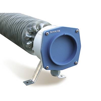 Blauwe SCHULZE luchtkanaaladapter met een cirkelvormige eindkap, bevestigd aan een grijze flexibele slang en metalen bevestigingsbeugel.