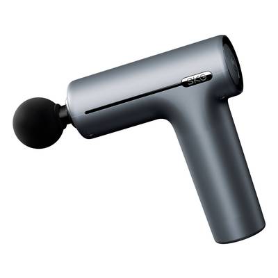 Grijze handheld massagepistool met zwarte schuimbalbevestiging