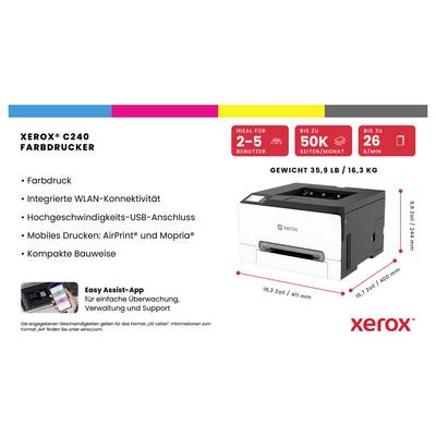 Xerox C240 Kleurenprinter advertentie met functies: kleurafdrukken, geïntegreerde Wi-Fi, snelle USB, AirPrint en Mopria, compact ontwerp; geschikt voor 2-5 gebruikers, 50K pagina's/maand, 26 ppm.