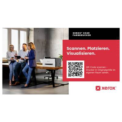 Xerox C240 printerad met drie collega's in een kantoor naast een printer, met tekst 'Scannen. Plaatsen. Visualiseren.' en een QR-code.