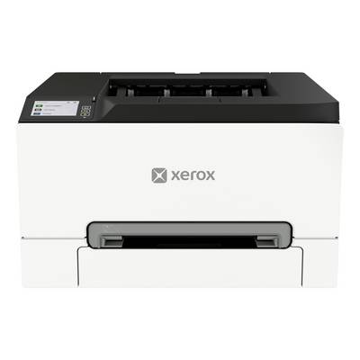 Vooraanzicht van een Xerox bureaubladprinter met bedieningspaneel en papierafvoerbak