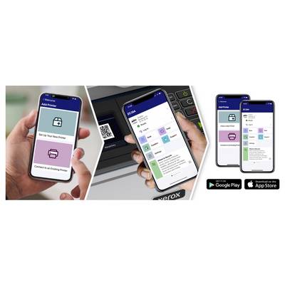 Promotieafbeelding met een mobiele printerapp op smartphones: schermen voor 'Printer toevoegen', printerinstellingen en app-dashboard, met downloadbadges van Google Play en App Store.