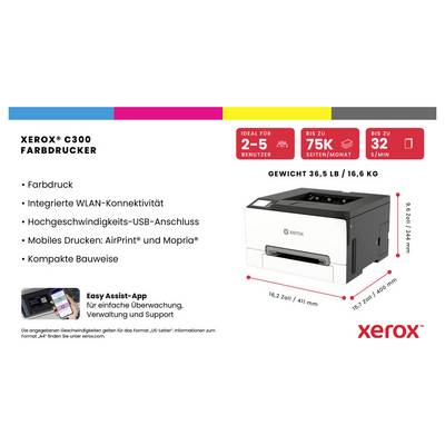 Promotioneel productafbeelding van een Xerox C300 kleurenprinter met belangrijkste specificaties: 2-5 gebruikers, tot 75K pagina's/maand, 32 ppm, 16,2 x 16,7 x 16,3 inch, 36,5 lb, met Duitse functielijst en Xerox-logo.