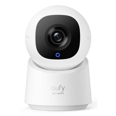 Witte Eufy Security binnencamera met zwarte lens en blauw statuslicht op een witte voet, weergegeven in vooraanzicht.