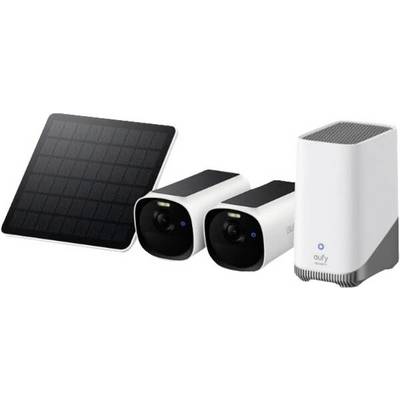 Draadloos beveiligingscamera-set met zonnepaneel, twee buitencamera's en een thuisbasisstation.