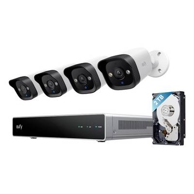 Beveiligingscamera-systeem met vier kogelvormige camera's, een basisstation en een 2TB harde schijf voor lokale video-opslag.