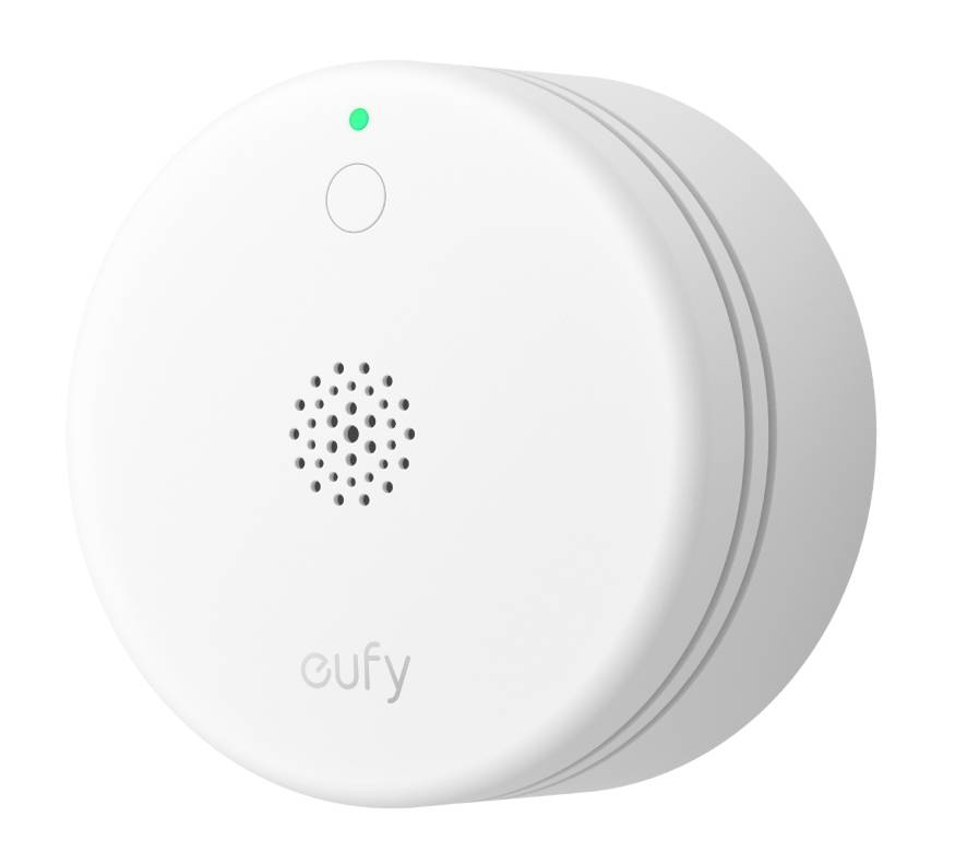 Witte Eufy rookmelderdetector met groen statuslicht en luidsprekerrooster