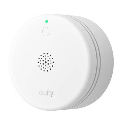 Witte Eufy rookmelderdetector met groen statuslicht en luidsprekerrooster
