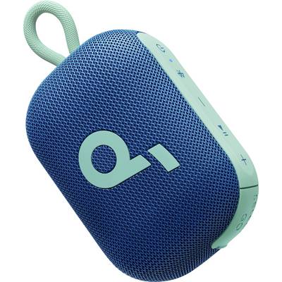 Blauwe en teale draagbare Bluetooth-speaker met lusband en zijdelingse bedieningsknoppen.