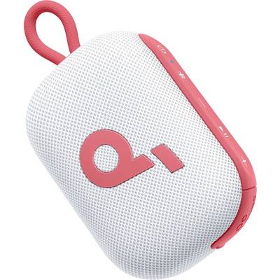 Draagbare witte Bluetooth-speaker met koraalroze rand, lusgreep en volumeregelaars aan de zijkant.