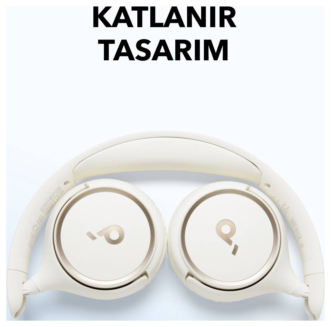Opvouwbaar koptelefoonontwerp met de tekst 'KATLANIR TASARIM' boven een wit over-ear headset weergegeven in plat opgeklapt staat.