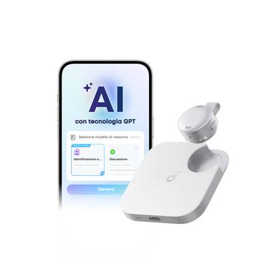 Promotionafbeelding van een smartphoneapp met het label 'AI con tecnologia GPT' naast een klein wit oordopjeskoker en draadloze oordopje, wat duidt op AI-ondersteunde audiodevicefuncties.