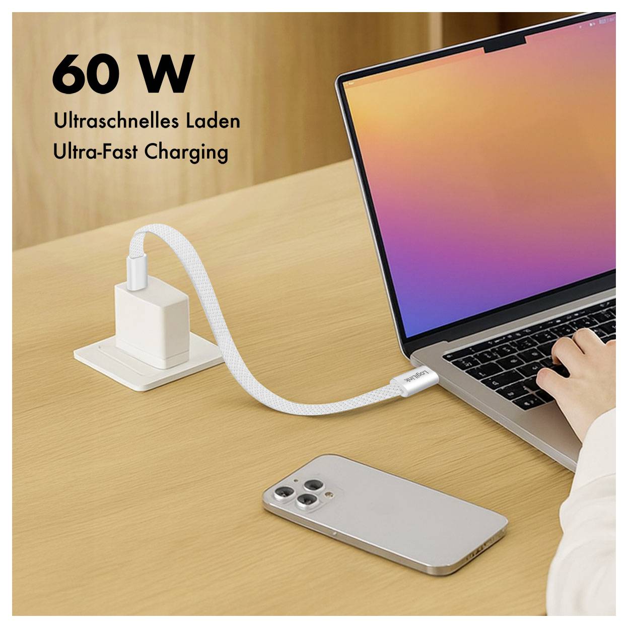 LogiLink CU0445 USB-C-kabel USB 2.0 USB-C stekker 1 m Wit Stekker past op beide manieren, Platte uitvoering-3