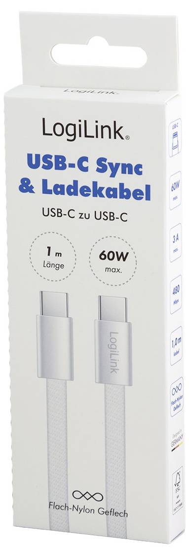 LogiLink CU0445 USB-C-kabel USB 2.0 USB-C stekker 1 m Wit Stekker past op beide manieren, Platte uitvoering-6