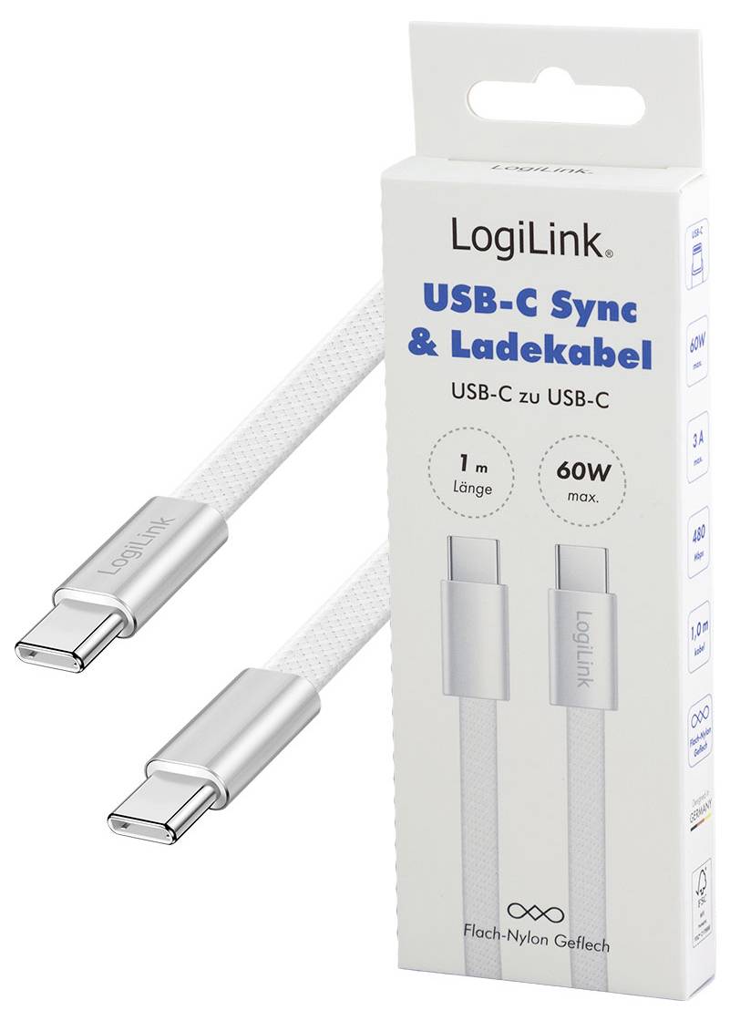 LogiLink USB-C naar USB-C synchronisatie- en oplaadkabel in witte verpakking, gelabeld 1 m en maximaal 60W.