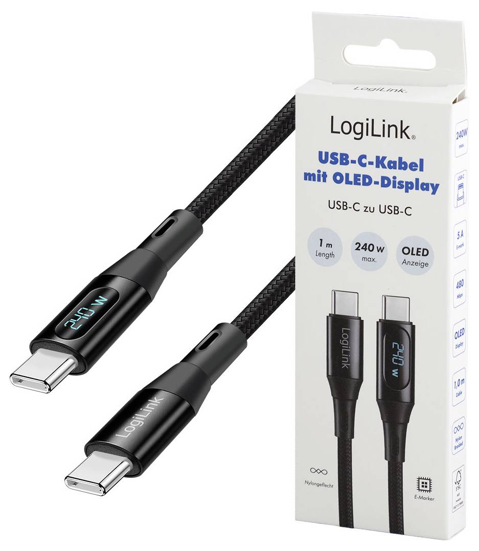 LogiLink USB-C kabel met OLED-display getoond in verpakking, met een lengte van 1 m en een maximaal vermogen van 240 W.