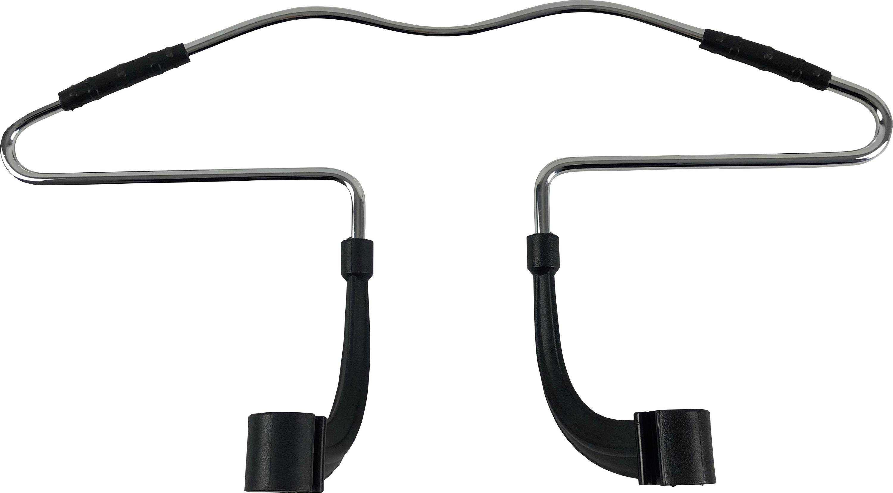 Metalen draadklerenhanger met twee zwarte kunststofklemmen die aan de onderste uiteinden hangen.