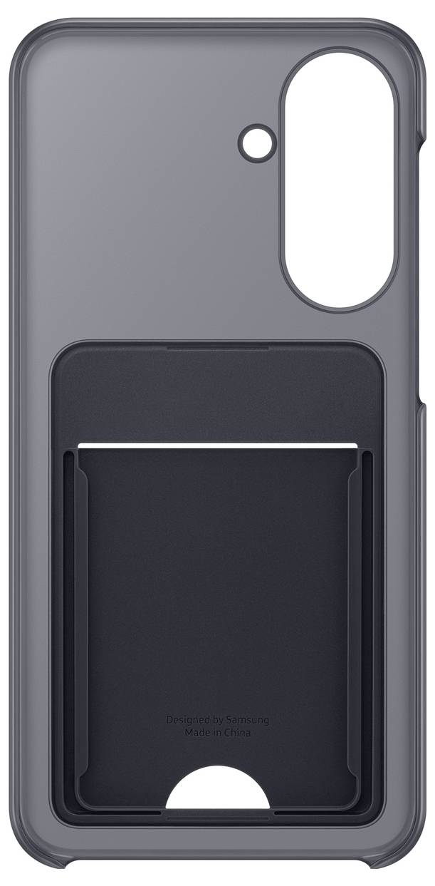 Grijze smartphonehoesje met een achteraan kaartslot en een verticale cameruitsnede rechtsboven.