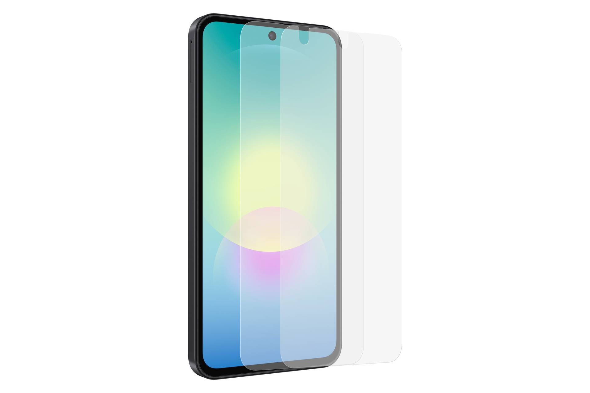 Smartphoneschermbeschermer weergegeven op een telefoon, met twee duidelijke beschermende lagen erachter om de pasvorm en installatie aan te geven.