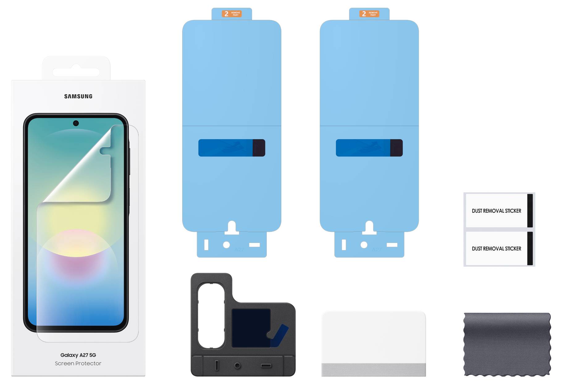 Samsung Galaxy A7 50 schermbeschermer set met telefoonmodelafbeelding, twee blauwe uitlijningshulpstukken, stofverwijderingsstickers en schoonmaaktoebehoren.