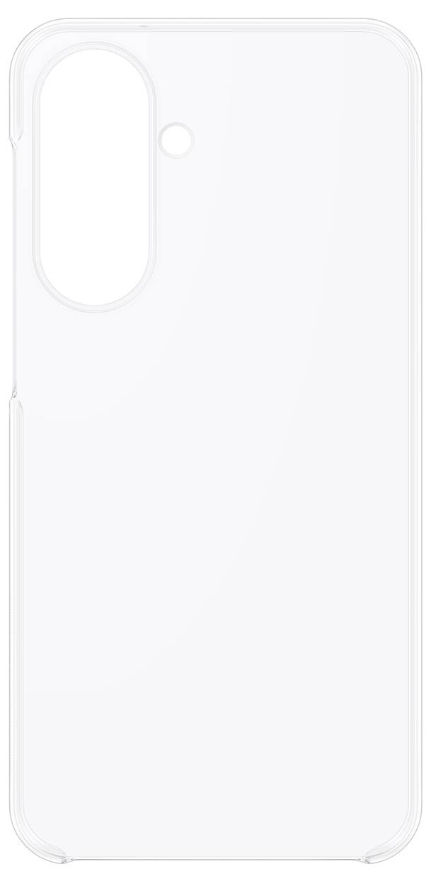 Transparante witte smartphonehoesje getoond vanaf de achterkant, met een grote verticale cameraruitsnede en een kleine flitsopening in de linkerbovenhoek.