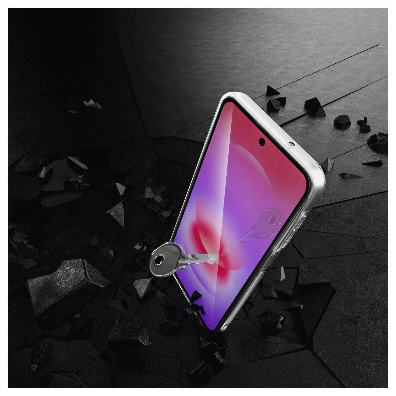 Smartphone met een sleutel in het scherm gestoken, wat suggeert dat het wordt ontgrendeld of biedt toegang, tegen een donkere gebarsten achtergrond.