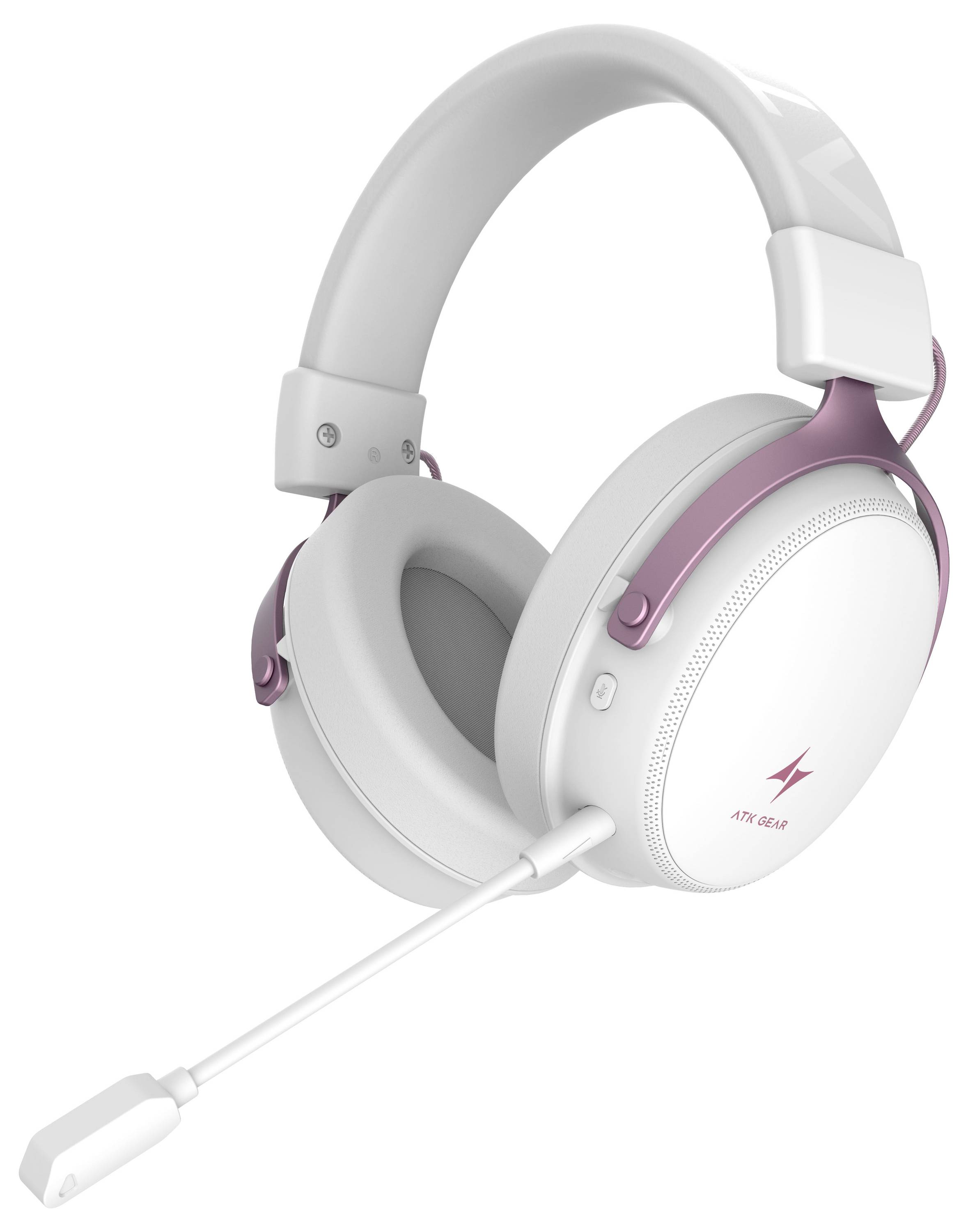 Wit over-ear gaming headset met roze accenten en een boommicrofoon op een effen witte achtergrond.