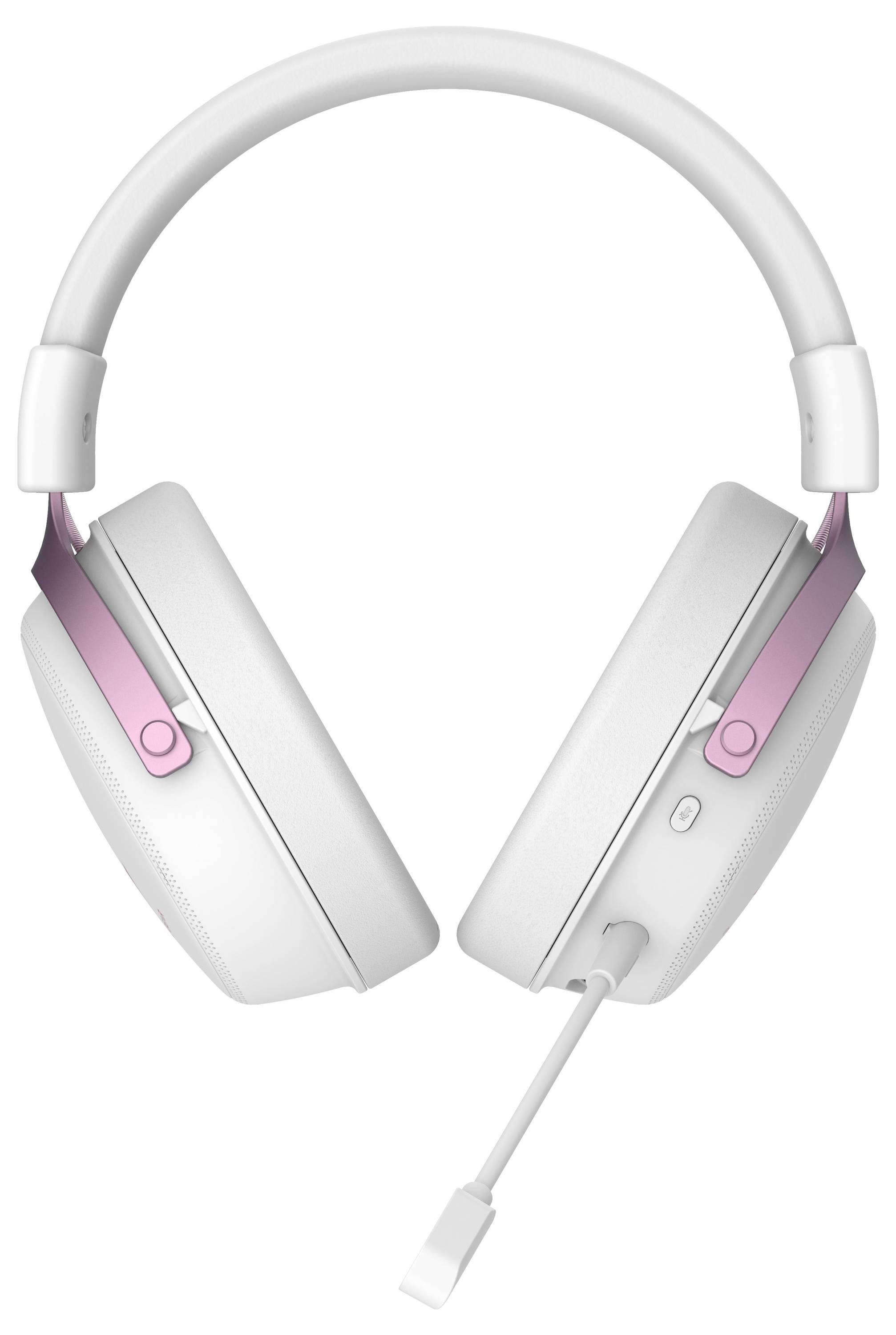 Witte over-ear koptelefoon met roze accenten en een afneembare microfoonboom op het rechter oorkopje.