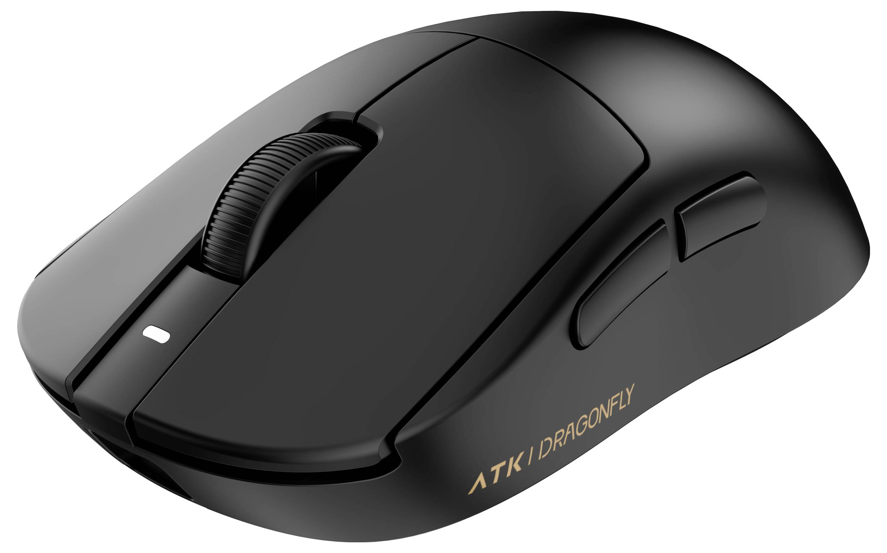 Zwarte draadloze computermuis met scrollwiel en zijknoppen, gelabeld 'ATK DRAGONFLY'.