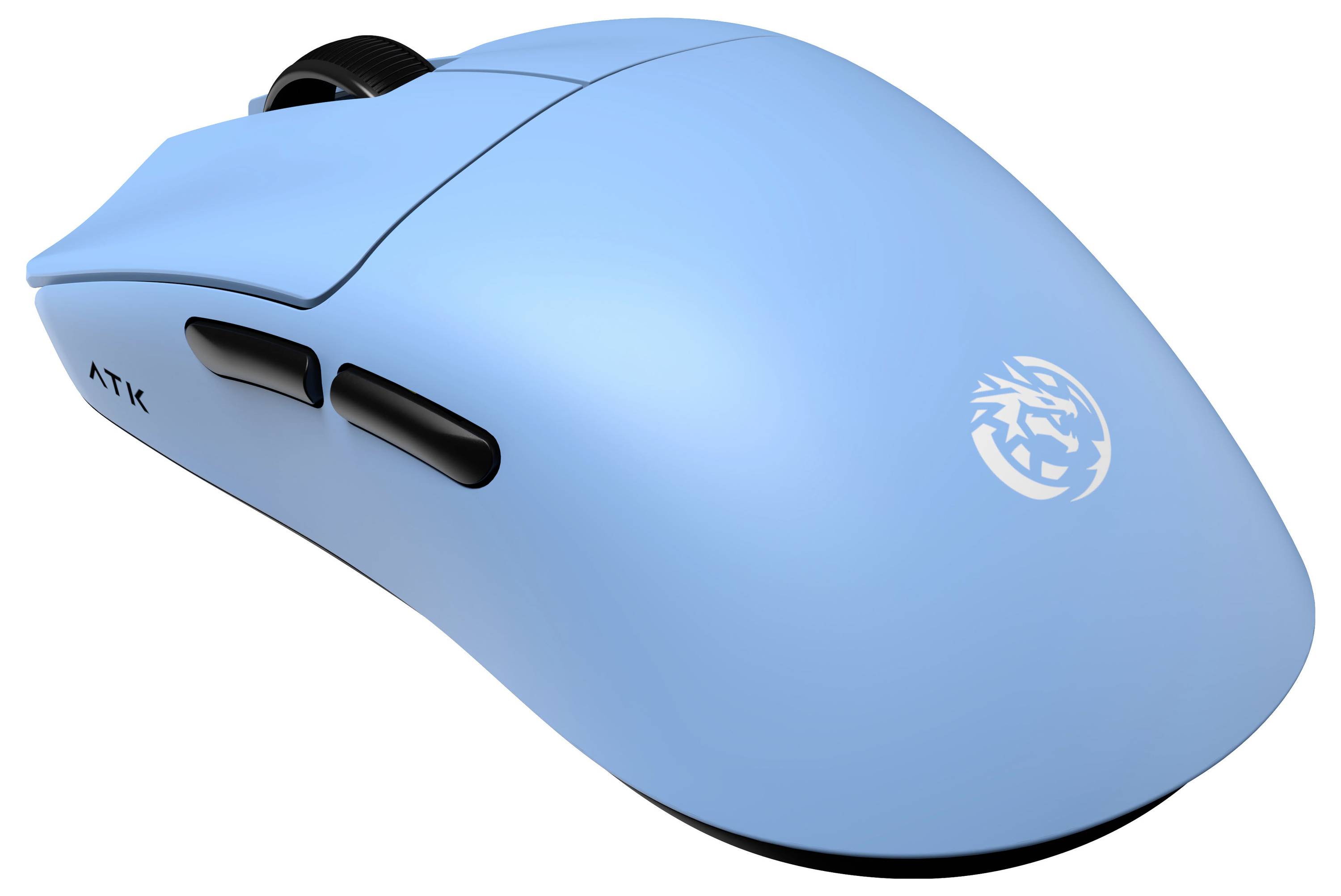 Blauwe draadloze computermuis met zwart scrollwieltje en zijknoppen, weergegeven op een witte achtergrond met een klein logo op de bovenkant.