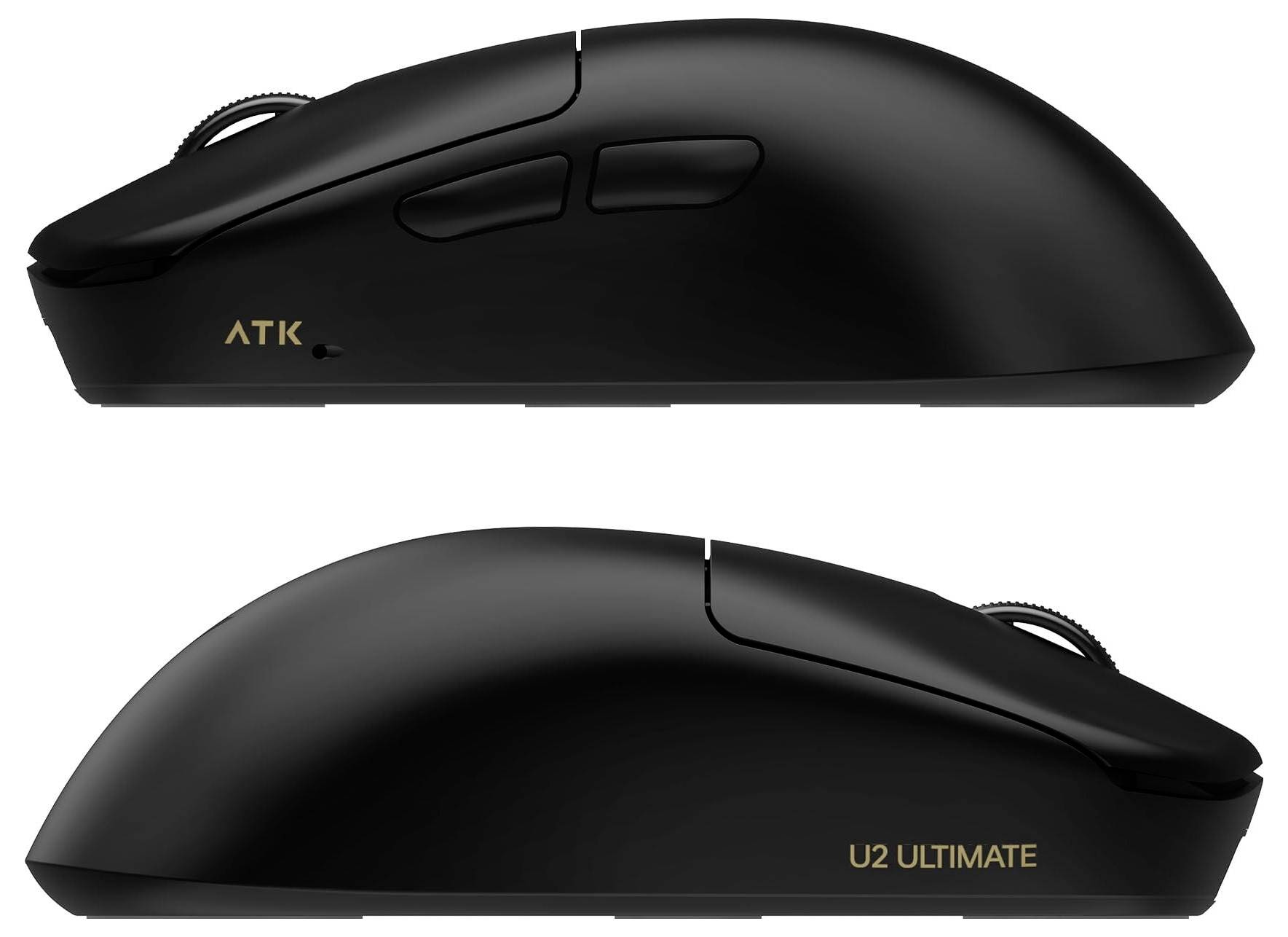 Zijaanzichten van een zwarte ATK U2 Ultimate draadloze muis, met links- en rechterprofiel met scrollwiel en zijknoppen.