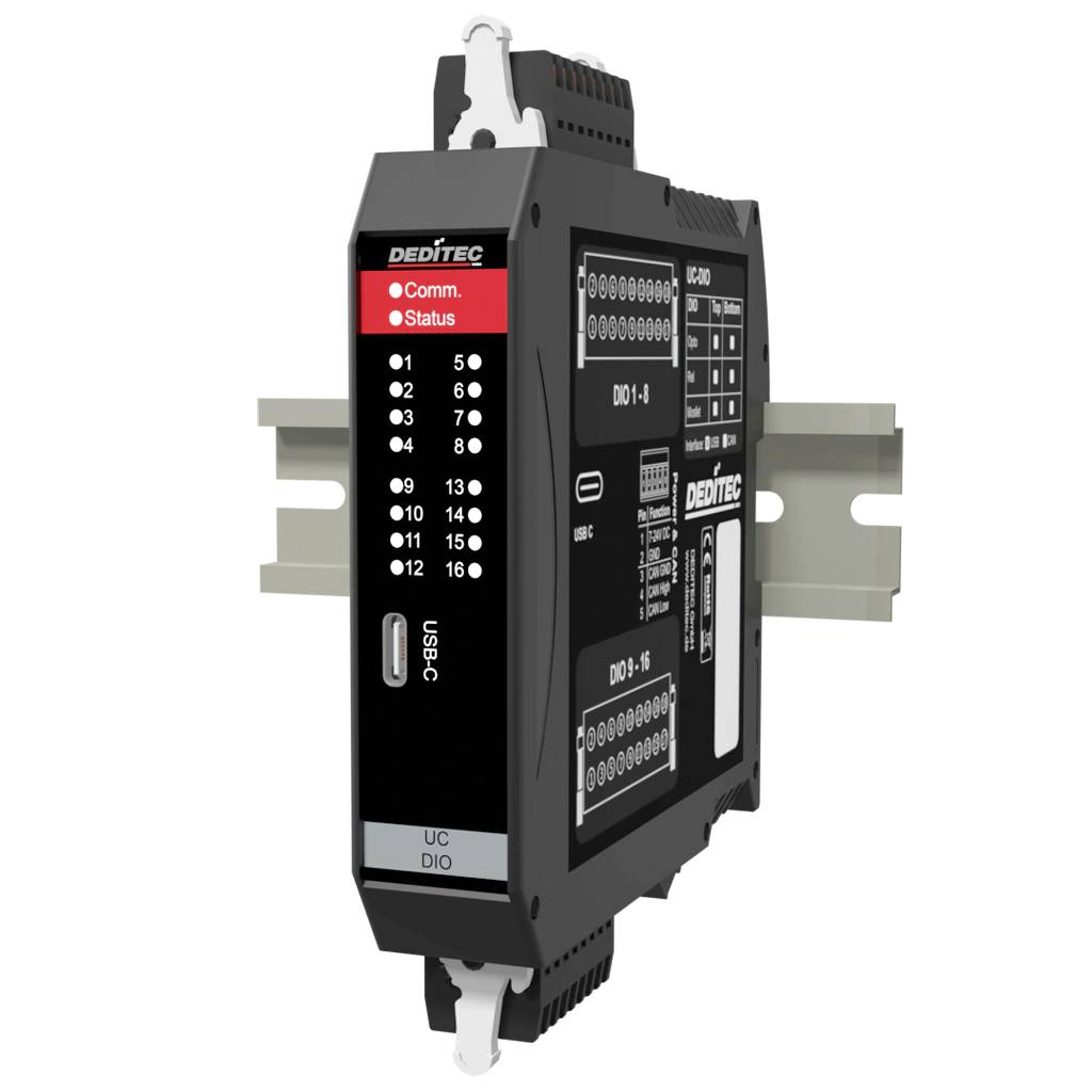 DIN-rail gemonteerde DEDiTEC UC DIO industriële controllermodule met USB-C poort, statusindicatoren en genummerde I/O-indicatoren op een witte achtergrond.