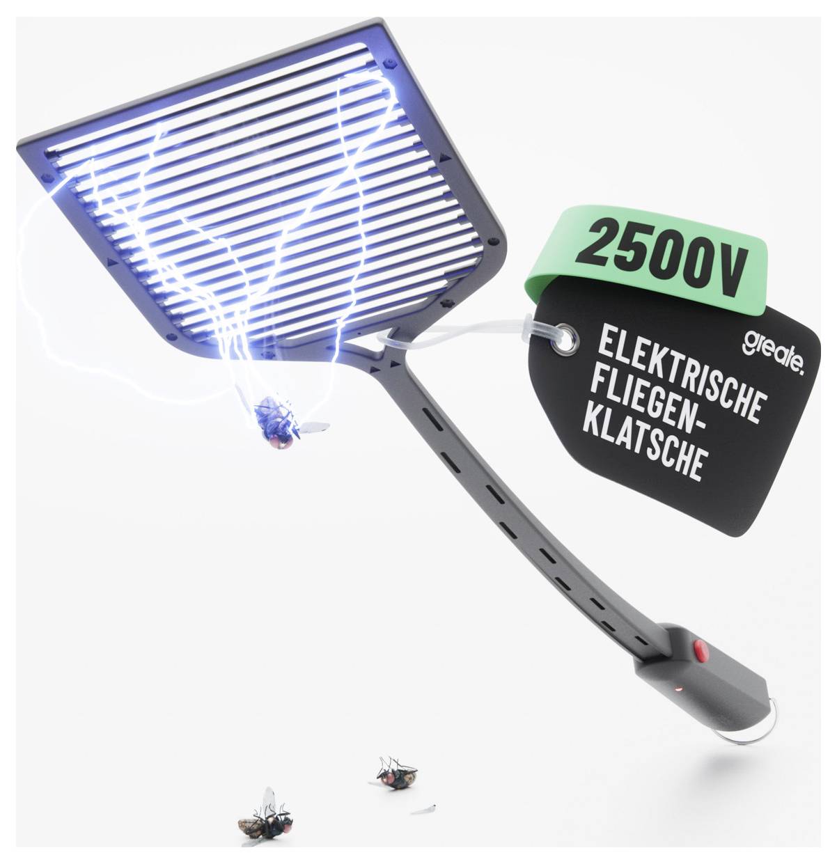 Elektrische vliegenpakker zapper met label '250V' en 'ELEKTRISCHE FLIEGENKLATSCHE' die vliegen doodt