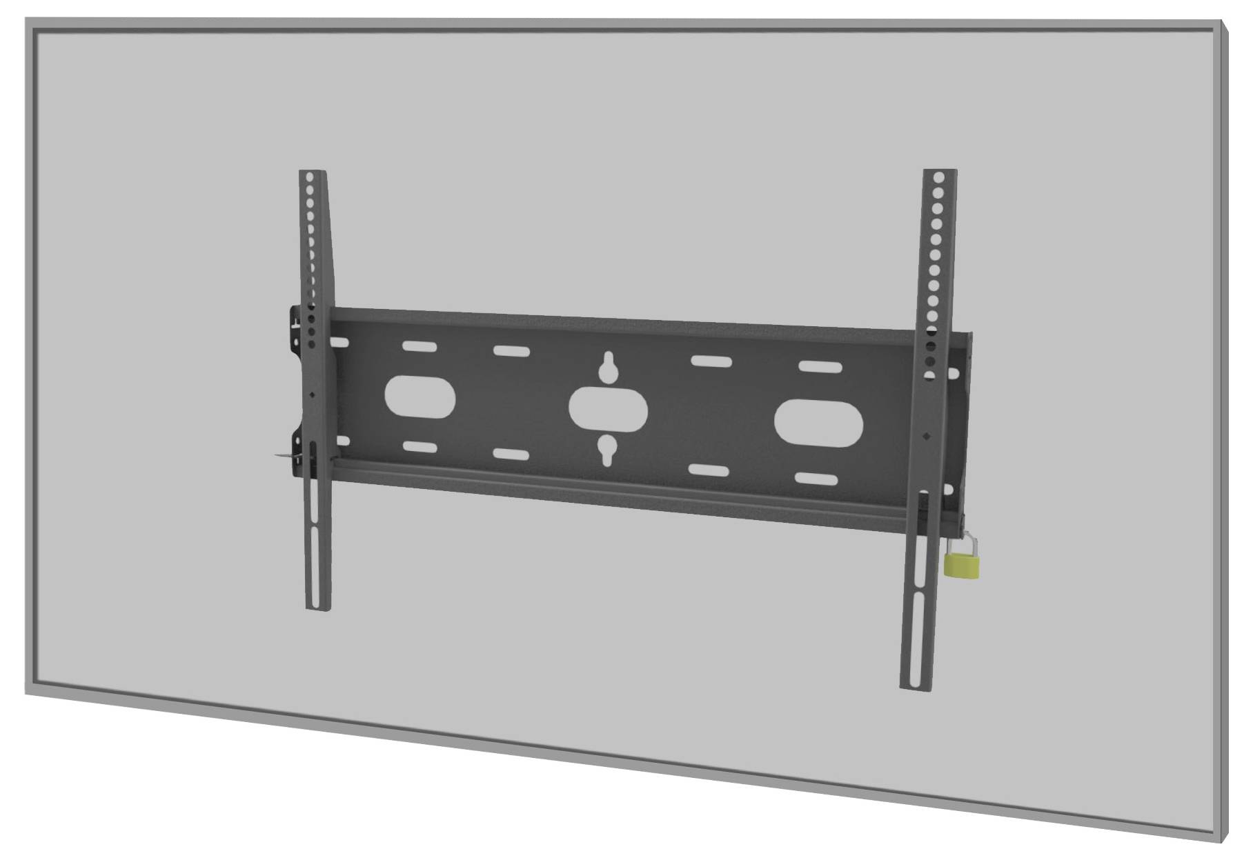 Flatscreen-tv-wandmontagebeugel met twee verticale rails en een centraal horizontaal plaatje voor het bevestigen van een tv aan de muur.