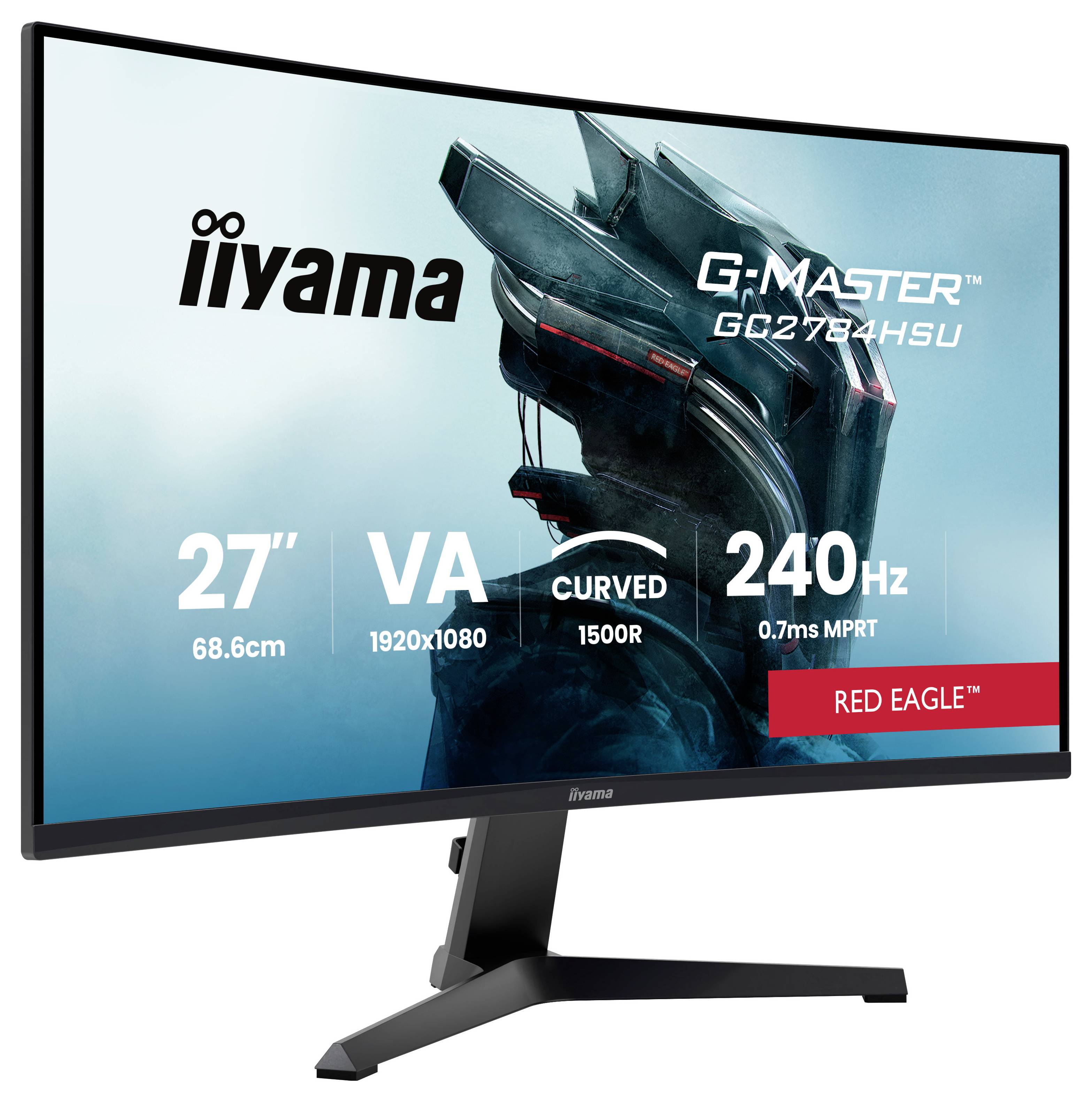 iiyama G-MASTER GC2784HSU gebogen gaming monitor op standaard, met 27-inch VA 1920x1080 display, 240 Hz verversingsfrequentie en Red Eagle branding.