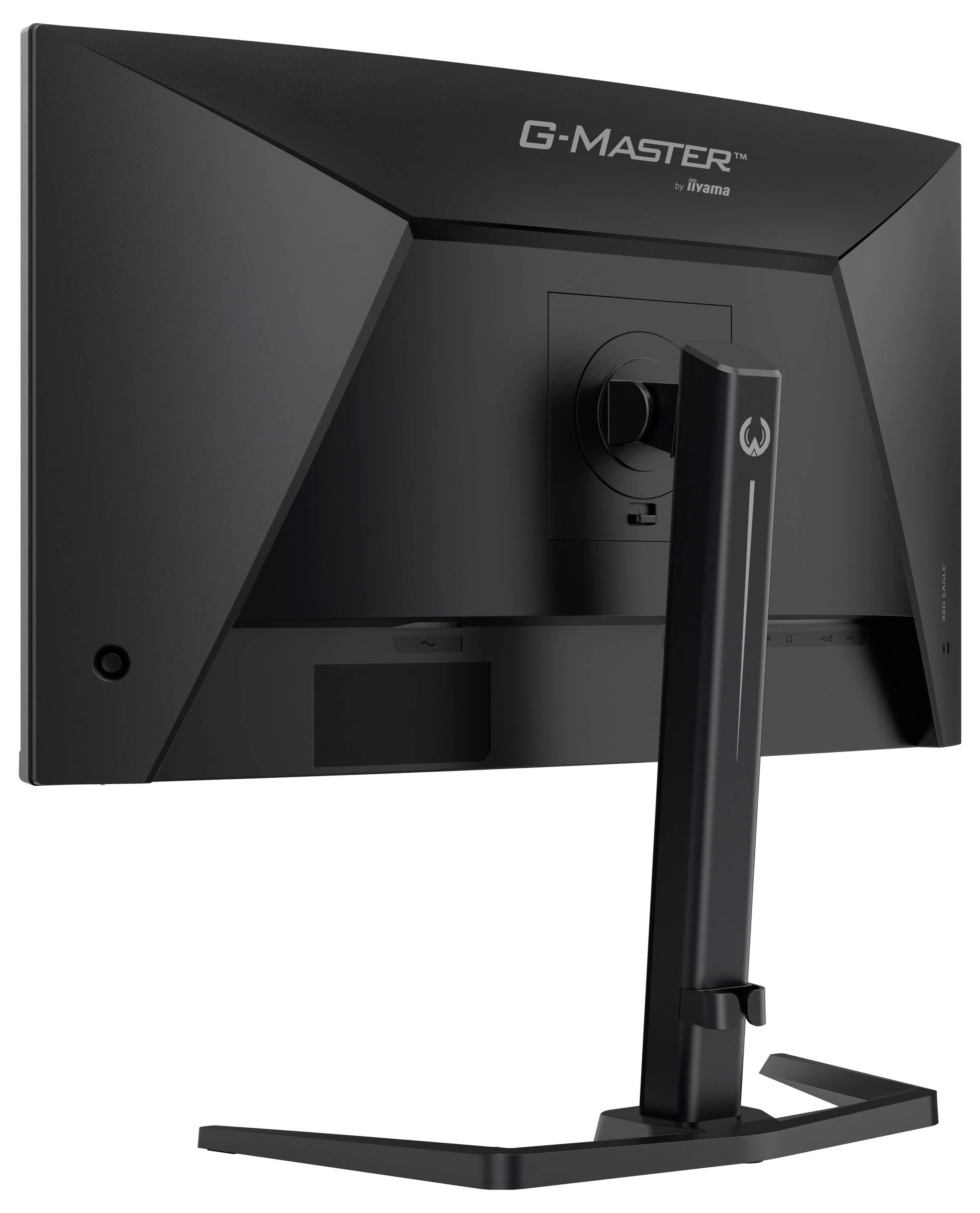 Achteraanzicht van een zwart G-MASTER iiyama-monitor op een standaard, met zicht op het achterpaneel en het centrale kabelgebied.