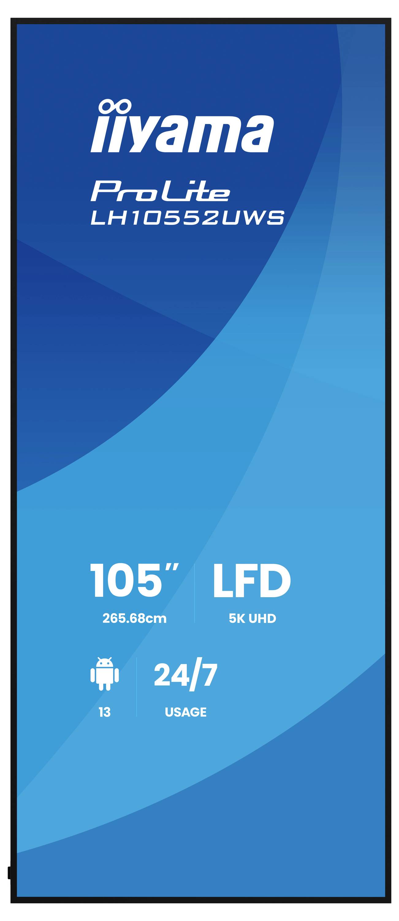 Blauwe iiyama ProLite LH10552UWS displayposter met 105-inch LFD met 256,6 cm, 5K UHD, Android, 24/7 gebruik en 13 mm rand.