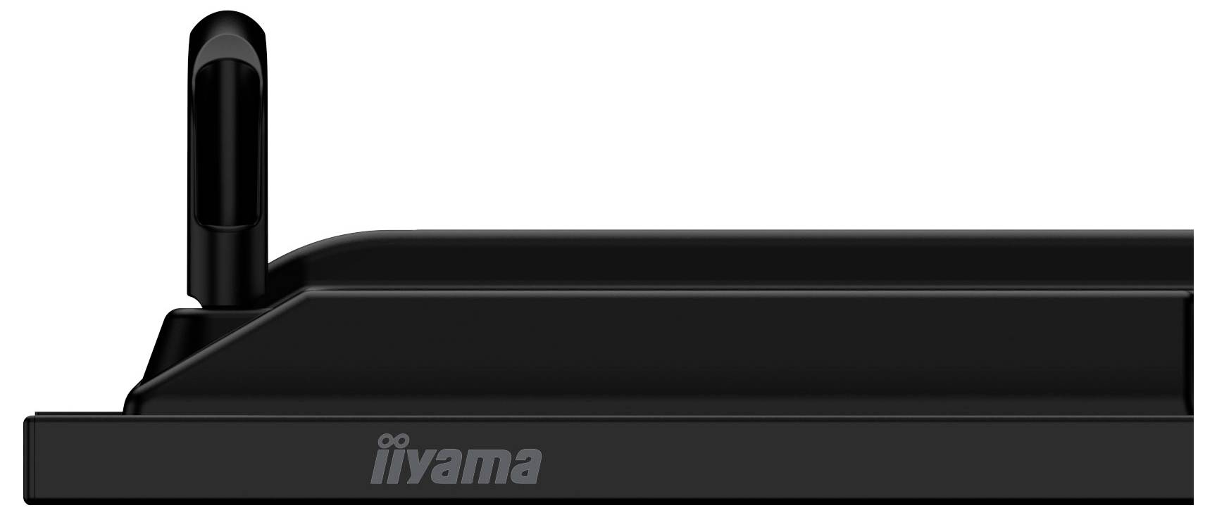 Zwart iiyama-monitor van opzij bekeken, waarbij de basis en rechte standaard op een witte achtergrond zichtbaar zijn.