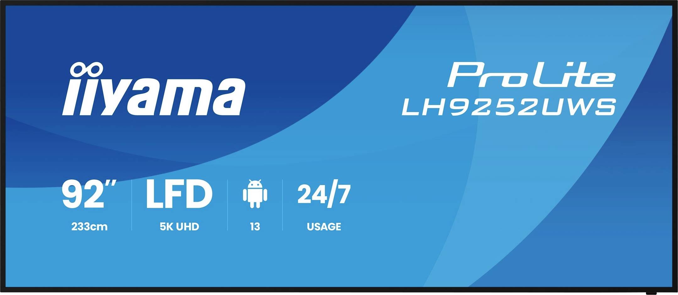 Iiyama ProLite LH9252UWS digitaal displaypaneel met '92' LFD, 5K UHD, Android 13, en 24/7 gebruiks branding.
