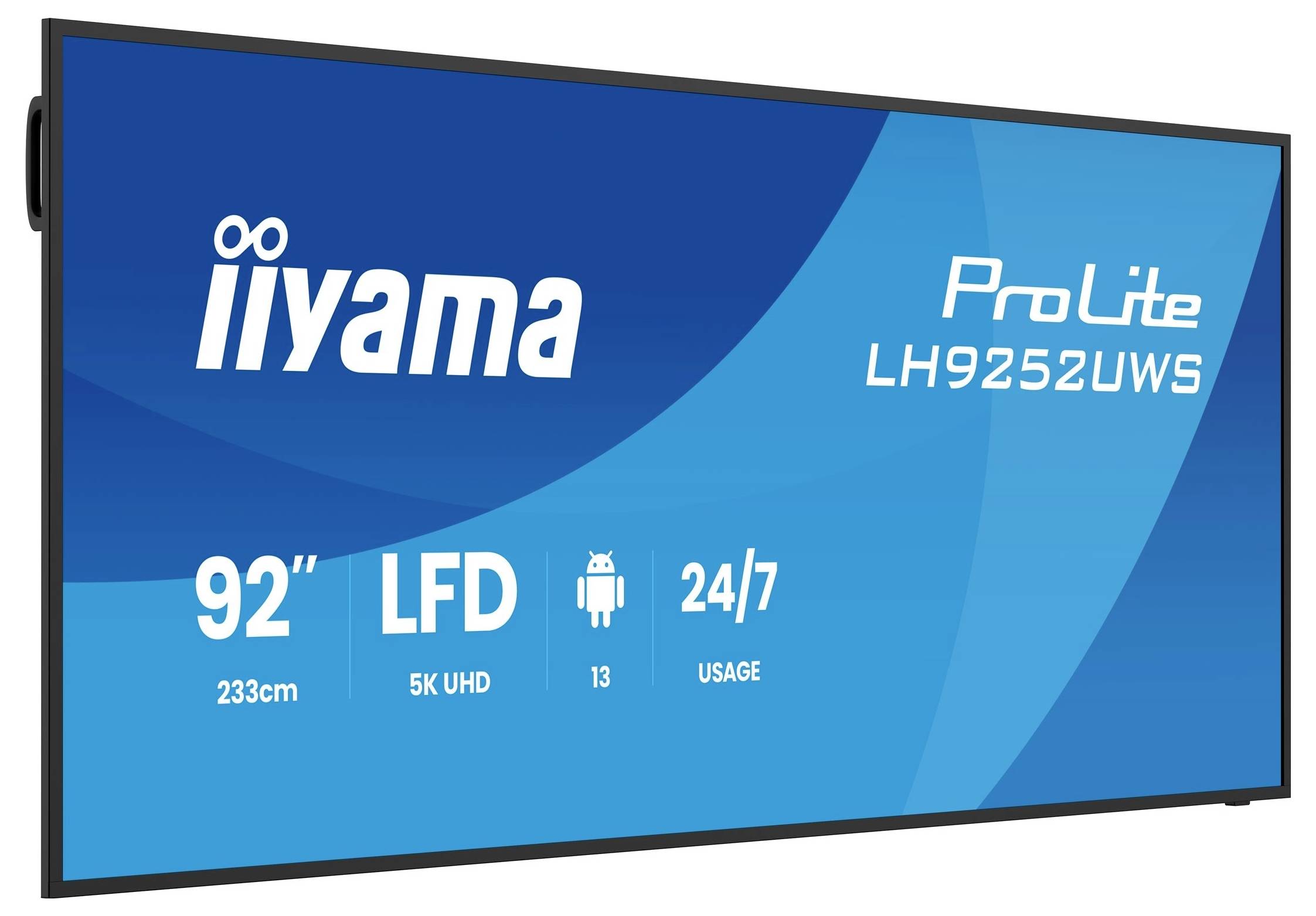 Iiyama ProLite LH9252UWS 92-inch 5K UHD LCD-display, met 24/7 gebruik en Android 13-pictogrammen weergegeven op een blauw scherm.