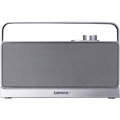 Vooraanzicht van een zilveren Lenco tafelmodel radioluidspreeker met een grote zwarte meshrooster en bedieningsknoppen bovenop.