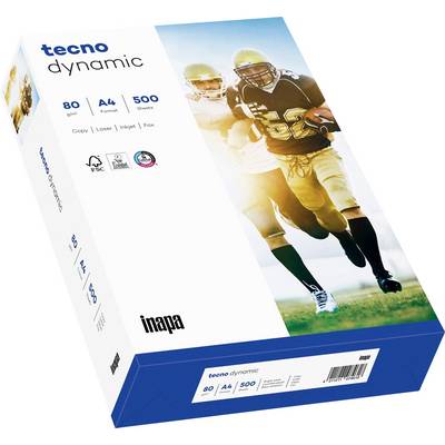 Tecno Dynamic papieren doos met afbeelding van een voetballer, gelabeld 80 gsm, A4, 500 vellen, en Inapa-branding.