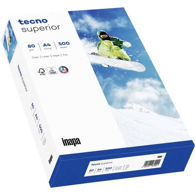 Tecno Superior papier, productdoos met afbeelding van snowboarder en specificaties: 80 gsm, A4, 500 vellen, met Inapa branding.