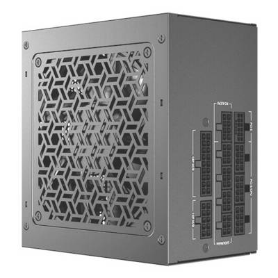 Grijze modulaire computervoeding met een geometrisch geventileerd rooster en gelabelde kabelconnectorpoorten aan de zijkant.