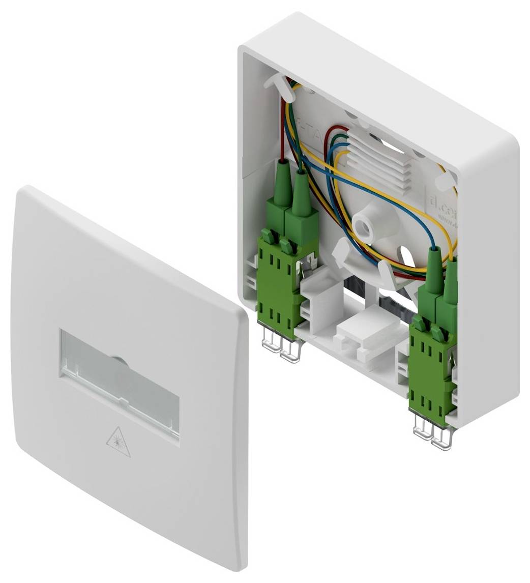 Explodeerde weergave van een aan de muur gemonteerde elektrische module en frontdeksel, met interne bedrading en groene aansluitblokken in een witte behuizing.