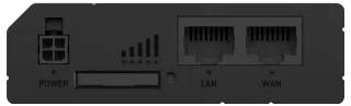 Achterkant van een netwerkapparaat met een stroomingang, een statusindicatorslot en twee Ethernet-poorten gelabeld LAN en WAN.