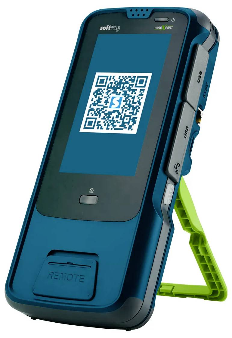 Draagbare barcodescanner terminal met een QR-code op het scherm, zijknoppen en een groen statief.