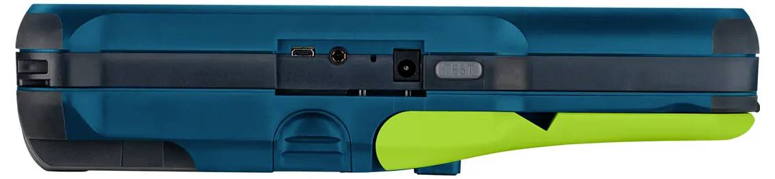 Zijaanzicht van een tealblauw draagbaar elektronisch apparaat met een zwarte bovenbalk, kleine poorten en een fel limoengroene greep of accent aan de rechterkant.